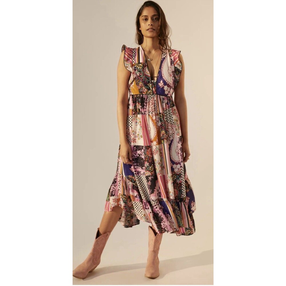 Anthropologie Flutter Sleeve Ruffled Patchwork Floral Midi Dress Size 0 NWT